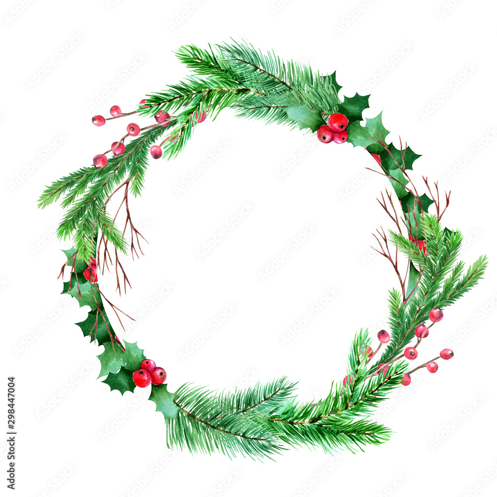 Obraz Watercolor christmas winter wreath frame.
