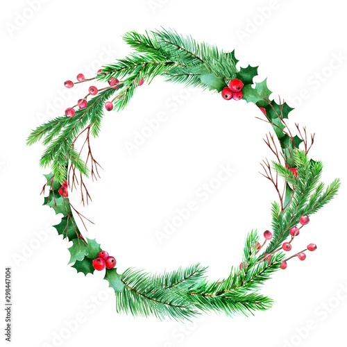  Watercolor christmas winter wreath frame.