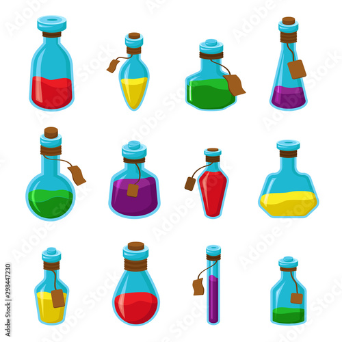 Flasks with liquid flat vector illustrations set