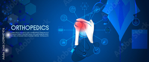 Molecular structure shoulder and injury background. Abstract traumatology and orthopedics with the molecule Hexagon, science, and technology, the hospital for body joints, anatomy. Vector illustration