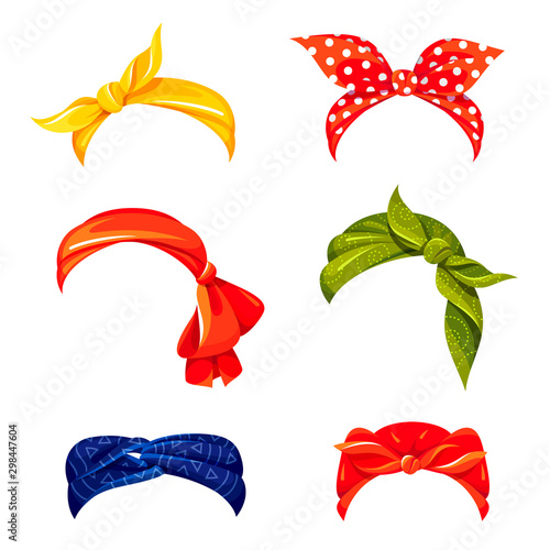 Retro woman bandana flat vector illustrations set