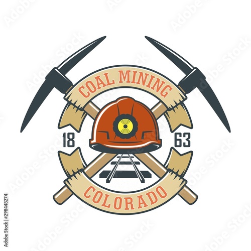 Color illustration of a coal mining company logo. Vector illustration of pickaxe, helmet with lantern, railway and banner with text on a white background