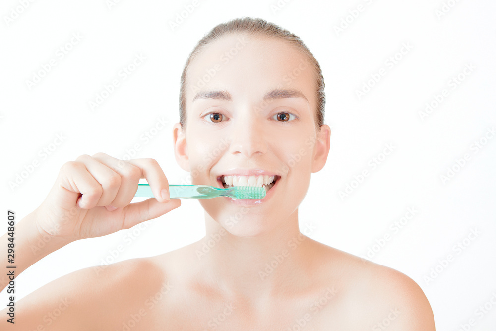 Healthy woman teeth and smile. Isolated over white background. Dental clinic. Healthy woman teeth and smile. Isolated over white background. Dental clinic.