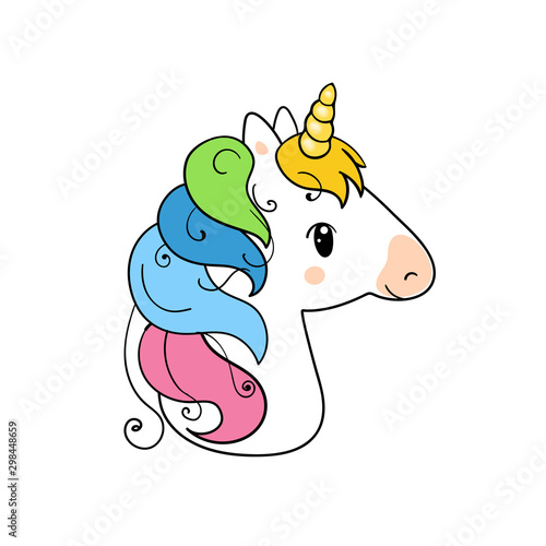 Cute unicorn vector illustration. Unicorn vector icon isolated on white. Head portrait horse sticker  patch badge. Magic cartoon fantasy cute animal. Rainbow hair. Dream symbol. Design for children