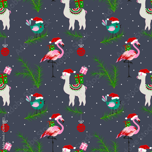 Christmas Party seamless pattern with cute animals in hat. Merry Christmas, happy new year background.