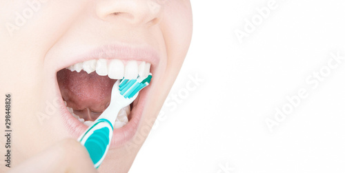 Healthy woman teeth and smile. Isolated over white background. Dental clinic.
