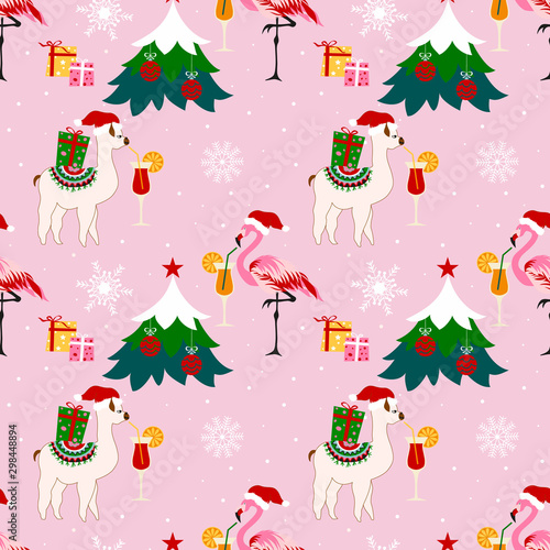 Christmas Party seamless pattern with cute animals in hat. Merry Christmas  happy new year background
