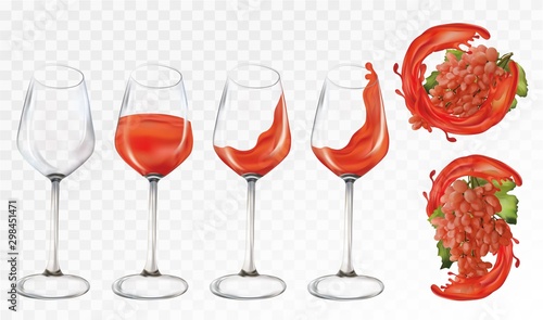 Rose grapes wine in glasses on transparent background. Glasses empty and with wine. Splashes rose wine. Wine grapes close up. Icon set. 3D Vector illustration