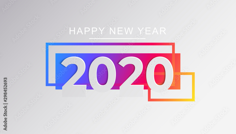 2020 Happy New Year congratulations trendy banner template. Modern papercut numbers with rectangular insta color frames background. Creative winter season holidays postcard design. Vector illustration