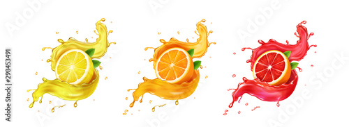 Set fresh grapefruit, lemon, orange juice splashes. Realistic citrus splashing drink Vector