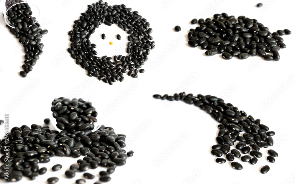 Black beans on white background. Different forms of dry beans. Black Bean Grains. Black beans on white background. Different forms of dry beans. Black Bean Grains.
