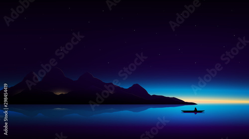 Mountain lake. Silhouette man in boat on a mountain landscape background with lights of hotels. Fantastic panorama wild nature and sunset. Concept vacation and tourism. Vector illustration.