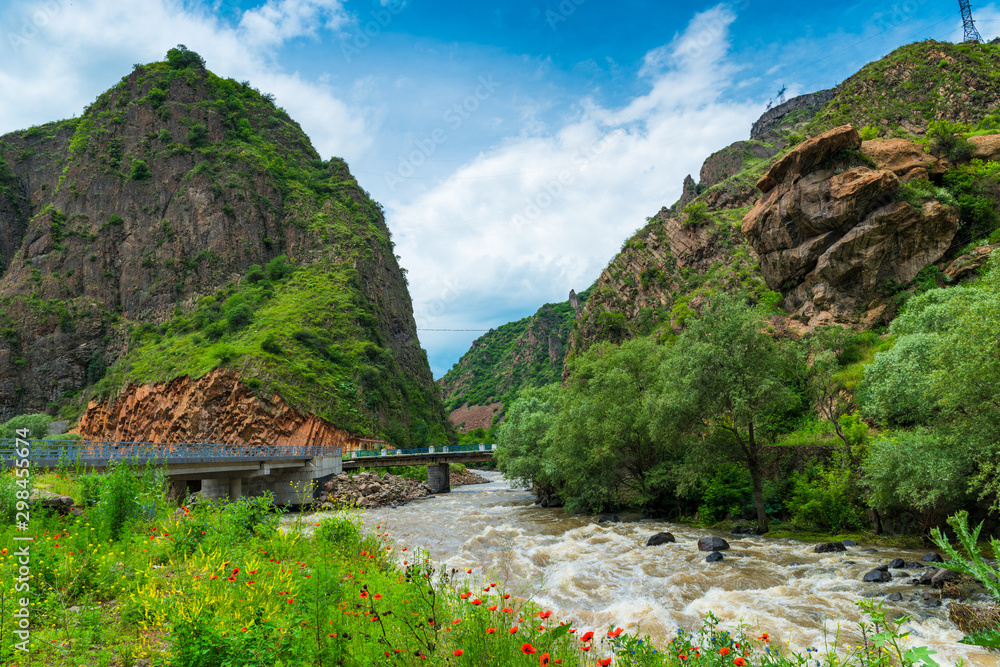 Landscape of the Caucasus, Armenia - wide and turbulent mountain river