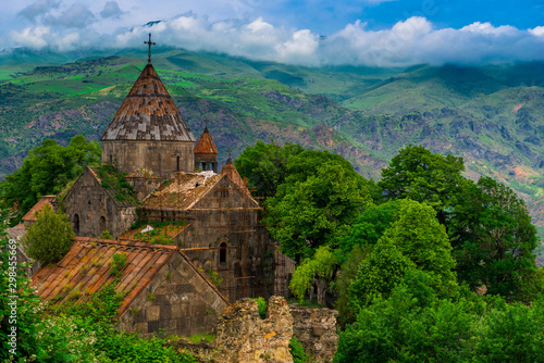 Stone ancient monastery Sanahin - a landmark of Armenia on the background of beautiful mountains