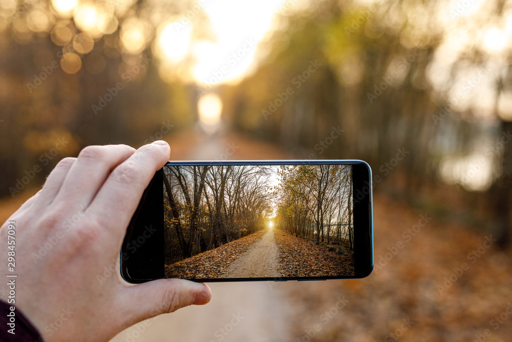 Make an autumn photo on a mobile phone. - obrazy, fototapety, plakaty 