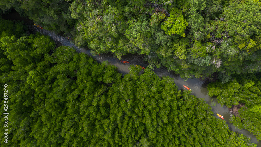 Aerial view of Ao Tha Lane near Krabi, Ao Tha Lane famous place for kayak on the river with mountain and mangrove forest, Krabi, Thailand.