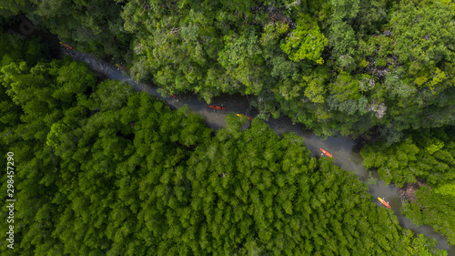 Aerial view of Ao Tha Lane near Krabi, Ao Tha Lane famous place for kayak on the river with mountain and mangrove forest, Krabi, Thailand.