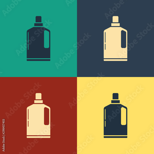 Color Plastic bottle for liquid laundry detergent, bleach, dishwashing liquid or another cleaning agent icon isolated on color background. Vintage style drawing. Vector Illustration