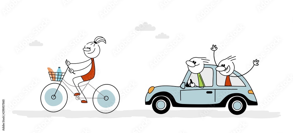 Girl riding a bike. Two man riding in the car. Vector