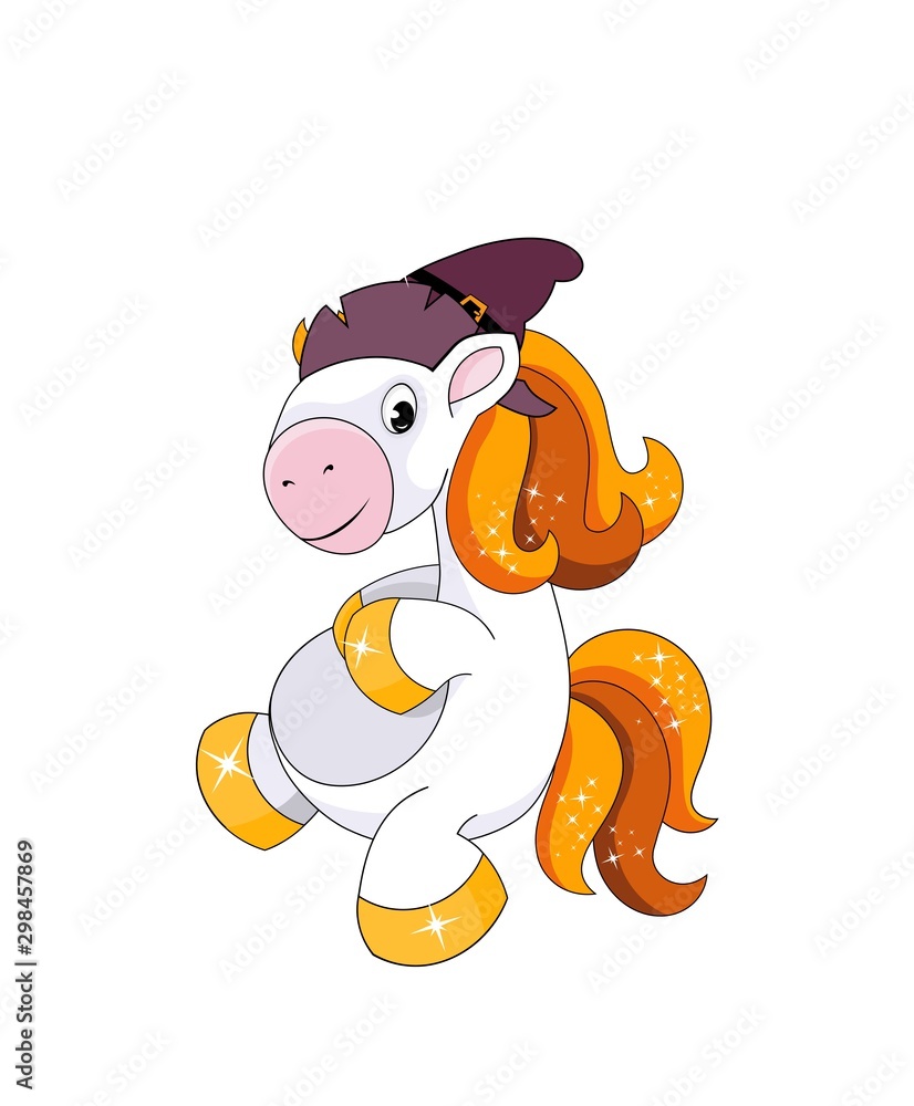 Cute smiling pony with witch hat isolated on white background. Halloween theme Cute smiling pony with witch hat isolated on white background. Halloween theme