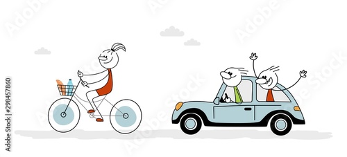 Girl riding a bike. Two man riding in the car. Vector