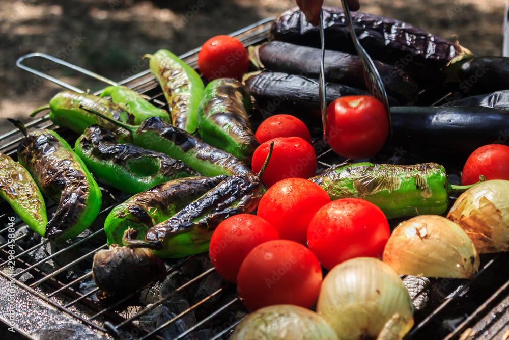 Green peppers, tomatoes, eggplant and onions are cooking on grill with tongs.  Closeup Turkish barbecue picnic concept. Stock Photo | Adobe Stock