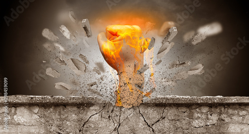 Big hand hits intense and breaks a crass stonewall