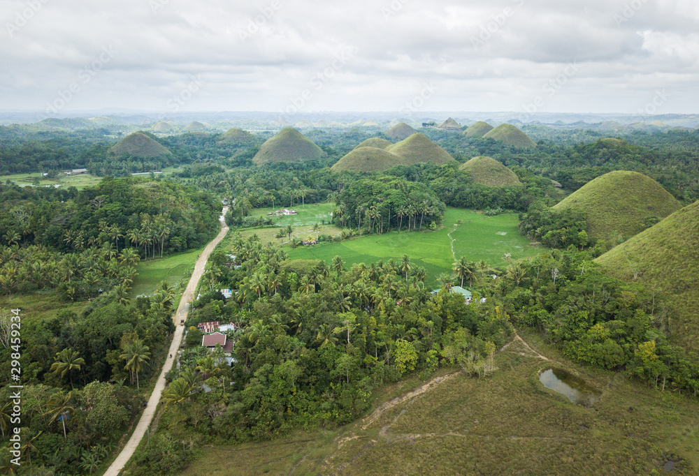 Aerial drone shot of Chockolate hills on Bohol island - Philippines
