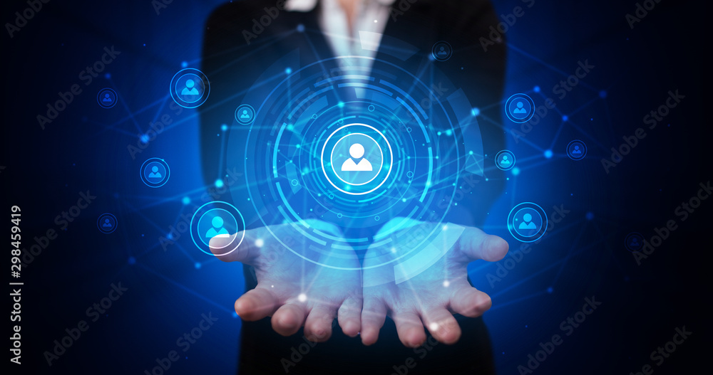 Young person holding hologram screen displaying security infomartions Young person holding hologram screen displaying security infomartions