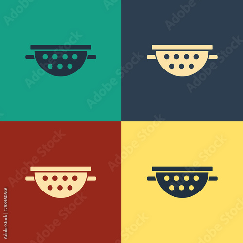 Color Kitchen colander icon isolated on color background. Cooking utensil. Cutlery sign. Vintage style drawing. Vector Illustration