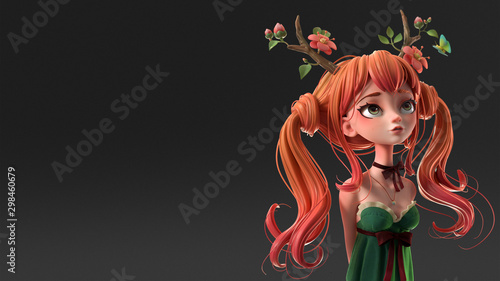 3d digital illustration of red-haired druid girl in green dress on dark background. Cartoon young ginger woman with two ponytails wearing floral antlers. Beauty deer girl. Concept art forest princess. photo