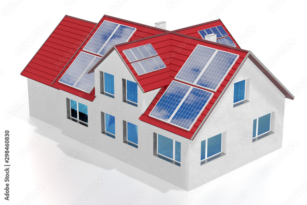 House with solar panels installed on a roof. 3D rendering House with solar panels installed on a roof. 3D rendering