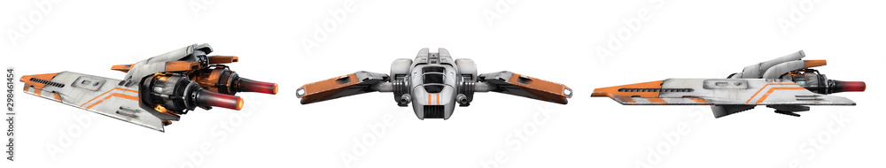 Collection of old scratched metal flying spaceship isolated on white background. 3d illustration of sci-fi white orange vehicle for space wars. Single pilot spaceship. Concept assault fighter, gunship - obrazy, fototapety, plakaty 
