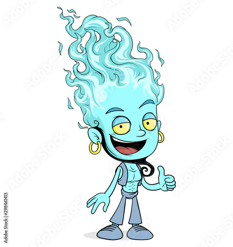 Cartoon funny blue arabian fire jinn boy character showing thumbs up gesture. Layered EPS ready for animations. Isolated on white background. Halloween Vector icon.