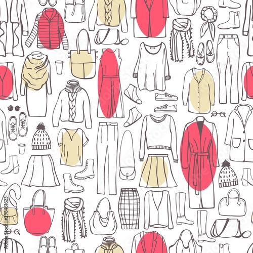 Autumn fashion. Hand drawn women's clothing and shoes. Vector seamless pattern
