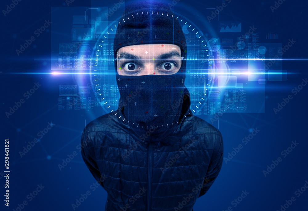 Facial recognition system. Young man on blue background
