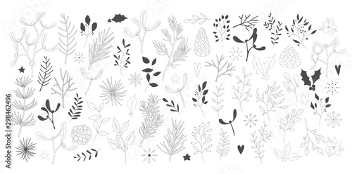 Set of black hand drawn christmas new year winter doodle icons xmas mistletoe pine cone, fir branch, snowflake, leaves isolated. Vector illustration in outline style