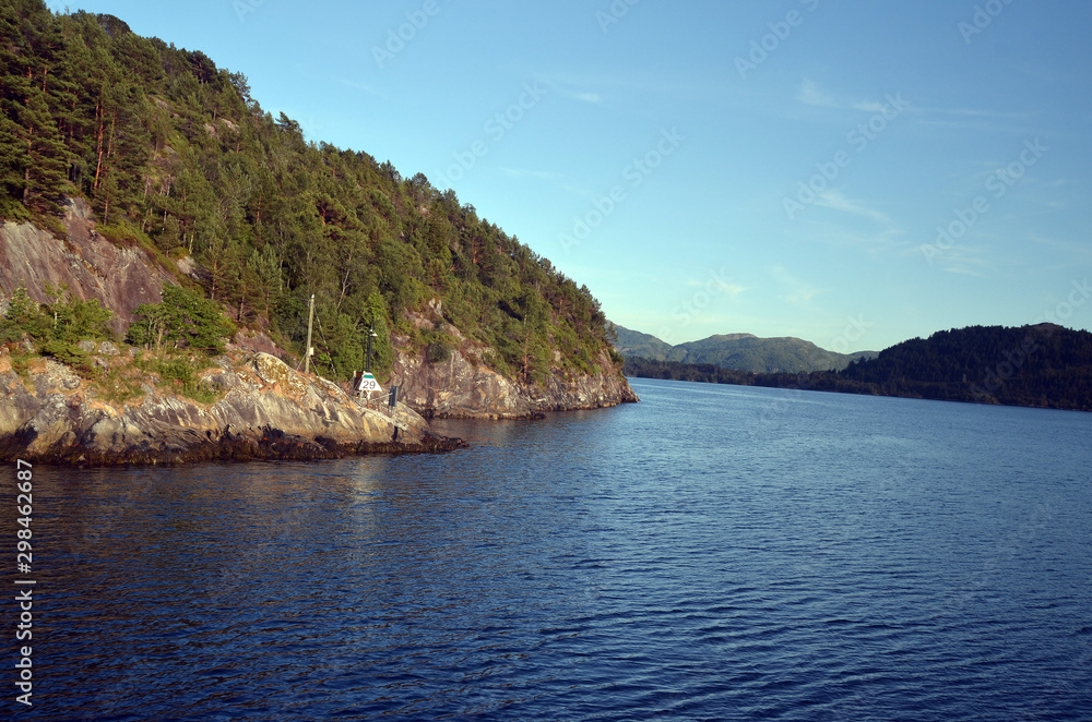 Naklejka premium Tourism vacation and travel. On the board of Flam - Bergen ferry. Sognefjord, Norway, Scandinavia.