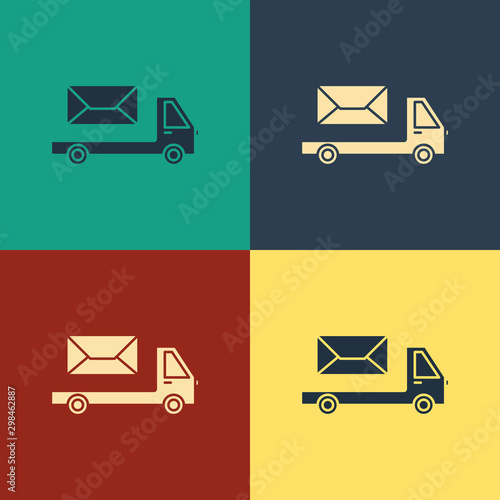 Color Post truck icon isolated on color background. Mail car. Vehicle truck transport with envelope or letter. Vintage style drawing. Vector Illustration