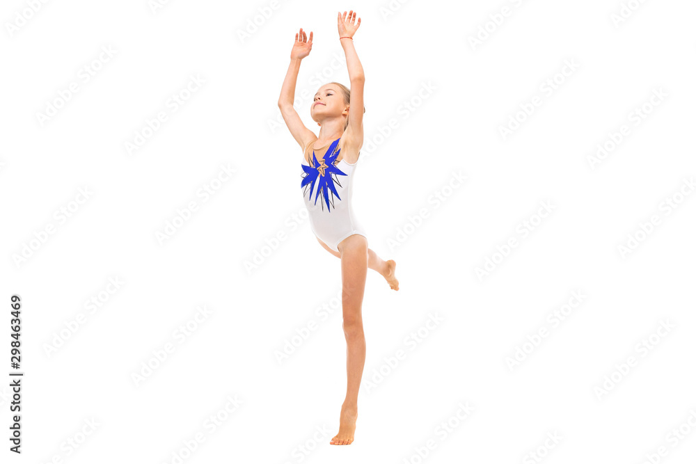 girl gymnast in white trico in full height performs in a white jump isolated on a white background