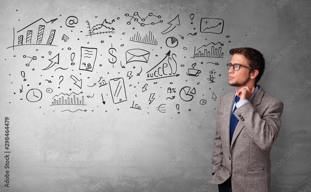 Casual person thinking with drawn signs concept Casual person thinking with drawn signs concept