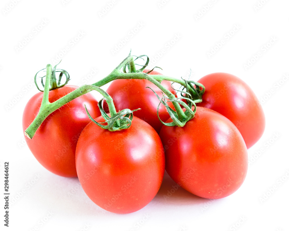 Studio shot organic five on vine ripened Roma tomatoes isolated on white background Studio shot organic five on vine ripened Roma tomatoes isolated on white background