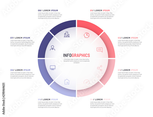 Pie chart infographic template divided by eight parts. Vector illustration