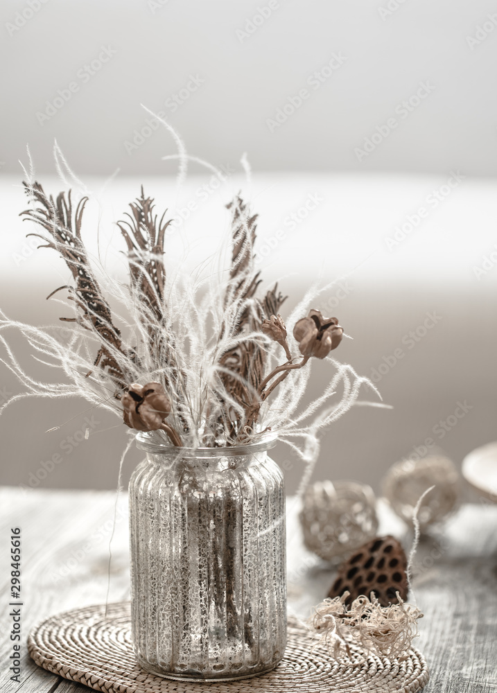 Still life beautiful vase with dried flowers .