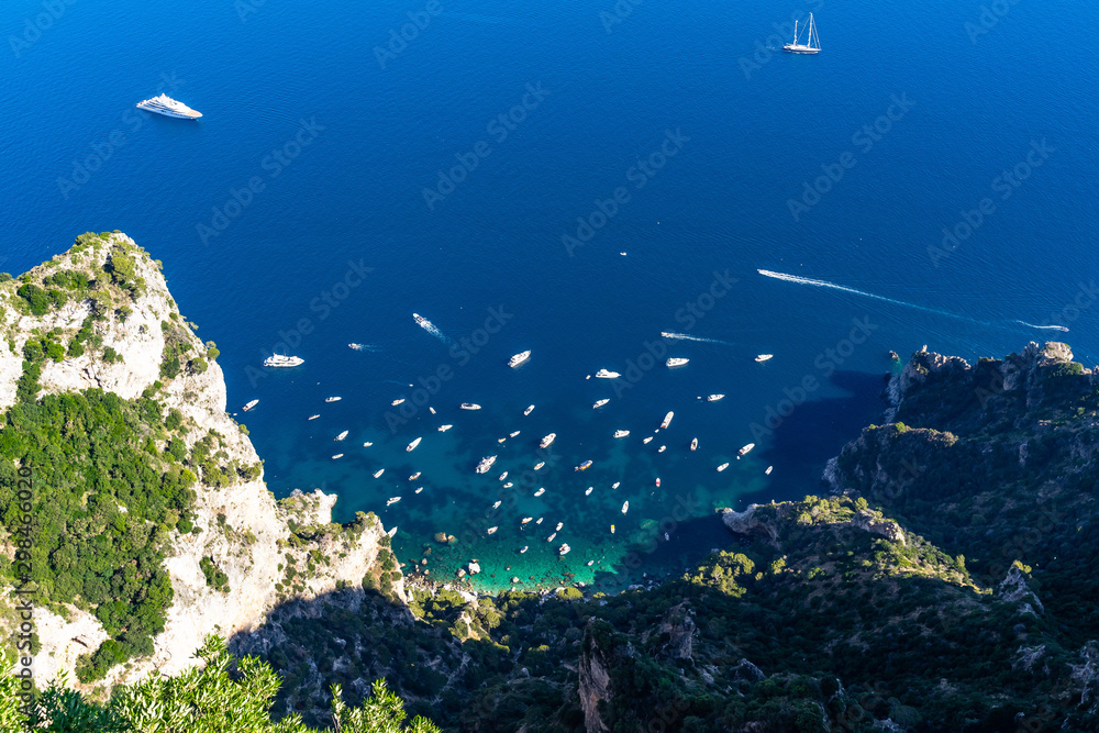 Scenic aerial view of Cala Ventroso in Capri from Monte Solaro, the highest point of the island, Campania, Italy