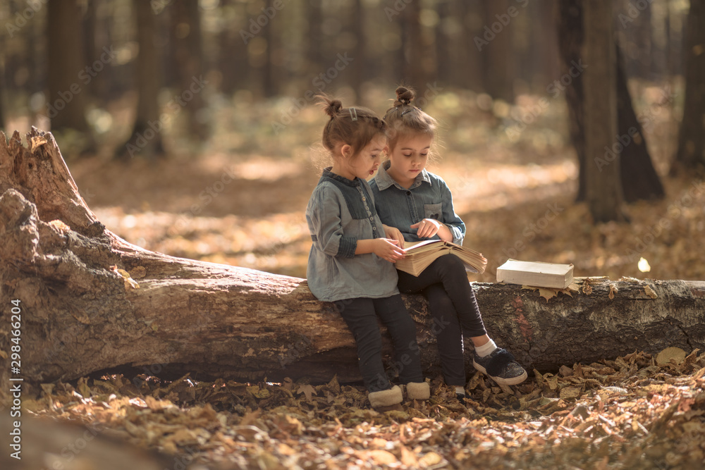 Fototapeta premium two little girls reading books in the woods.