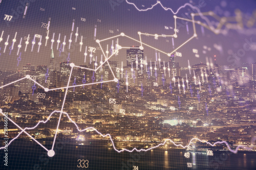 Financial graph on night city scape with tall buildings background double exposure. Analysis concept.