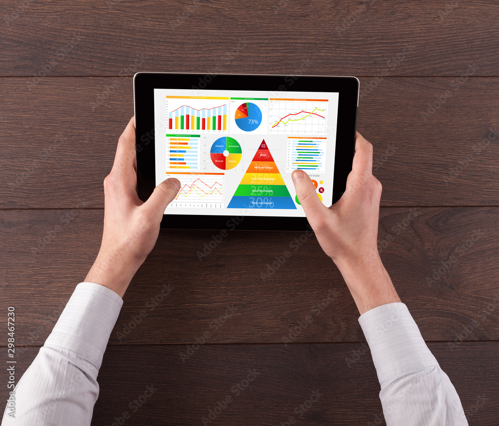 Business hand with tablet making analyses and checking the daily calories Business hand with tablet making analyses and checking the daily calories
