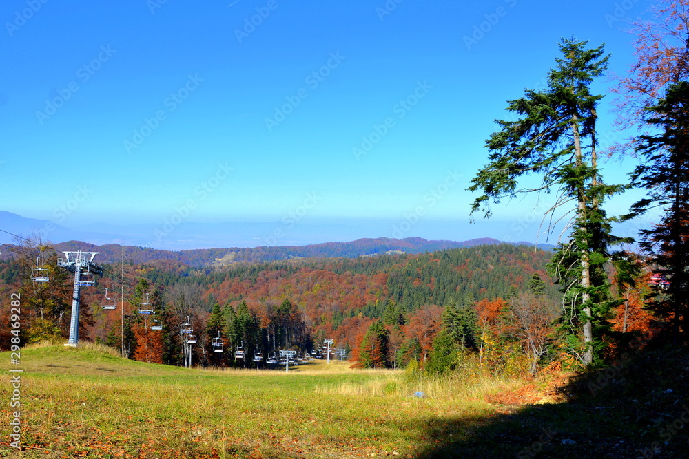 Typical landscape in the forests of Transylvania, Romania. Green landscape in autumn, in a sunny day Typical landscape in the forests of Transylvania, Romania. Green landscape in autumn, in a sunny day