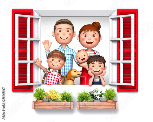 Illustration of a family showing their faces through a window created in 3d rendering